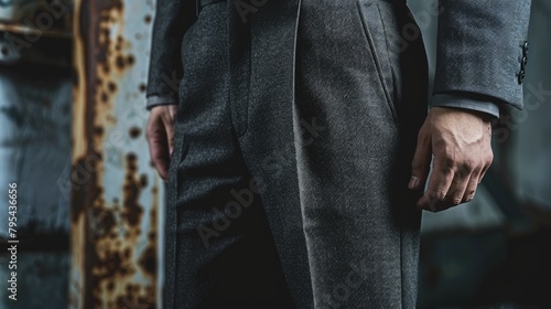 Close up of a man in a business suit standing in an abandoned factory