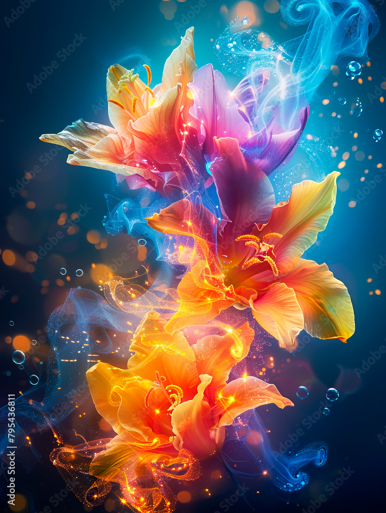 Bright, multicolored, abstract flowers on dark background Bright, multicolored, abstract flowers on dark background