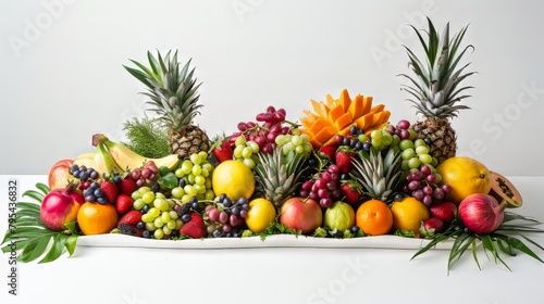 A fruit display with a variety of fruits including apples  oranges  and grapes. The arrangement is colorful and fresh  giving off a healthy and inviting vibe