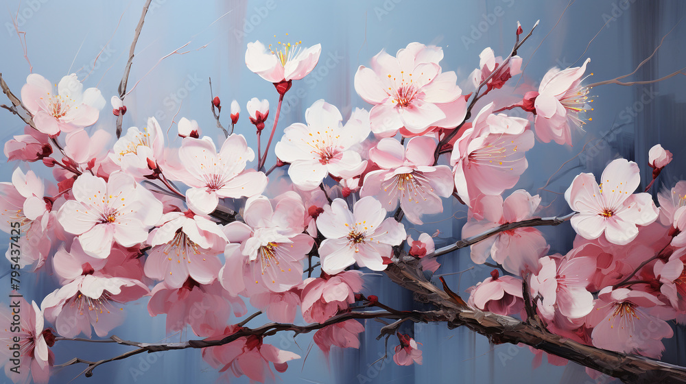 Whimsical cherry blossoms in full bloom, their delicate petals swirling in the breeze against a backdrop of soft pink hues, creating a serene and enchanting floral pattern.