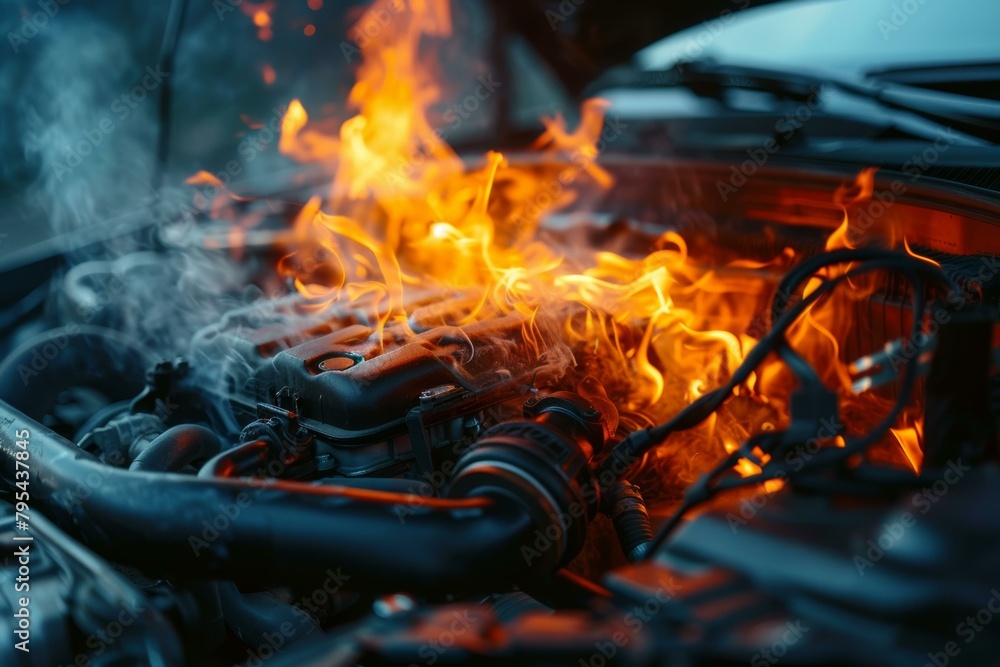 Car engine on fire with flames coming out of hood Car engine on fire with flames coming out of hood