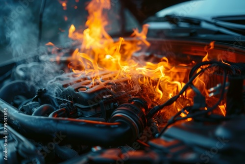 Car engine on fire with flames coming out of hood