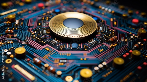 b'A close-up image of a computer circuit board with a gold coin on top of it.' photo
