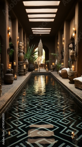 b Indoor swimming pool with Moroccan-style architecture 