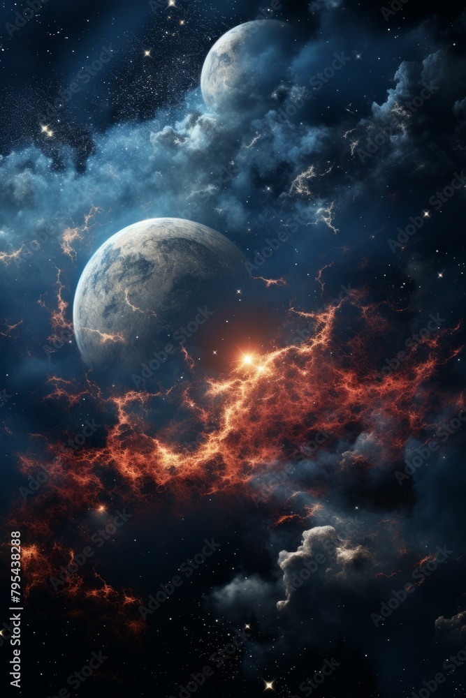 b'Two moons and a red nebula in the starry sky' b'Two moons and a red nebula in the starry sky'