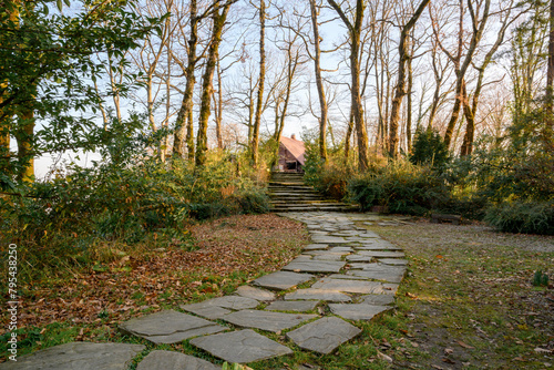 A fragment of a wooden house in the depths of the forest and a winding stone path leading to it