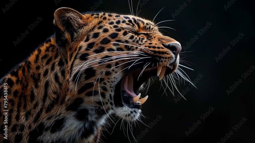 A roaring leopard on a black background creates a powerful and dramatic scene. The contrast between the dark background and the leopard's fierce expression conveys strength. A roaring leopard on a black background creates a powerful and dramatic scene. The contrast between the dark background and the leopard's fierce expression conveys strength.