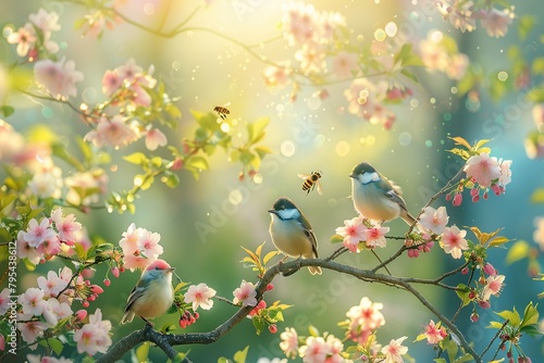 Imagine an enchanting image of a cheerful flock of birds harmoniously singing on branches of a tree embellished with spring flower blossoms. Soft morning sunlight filters through the leaves