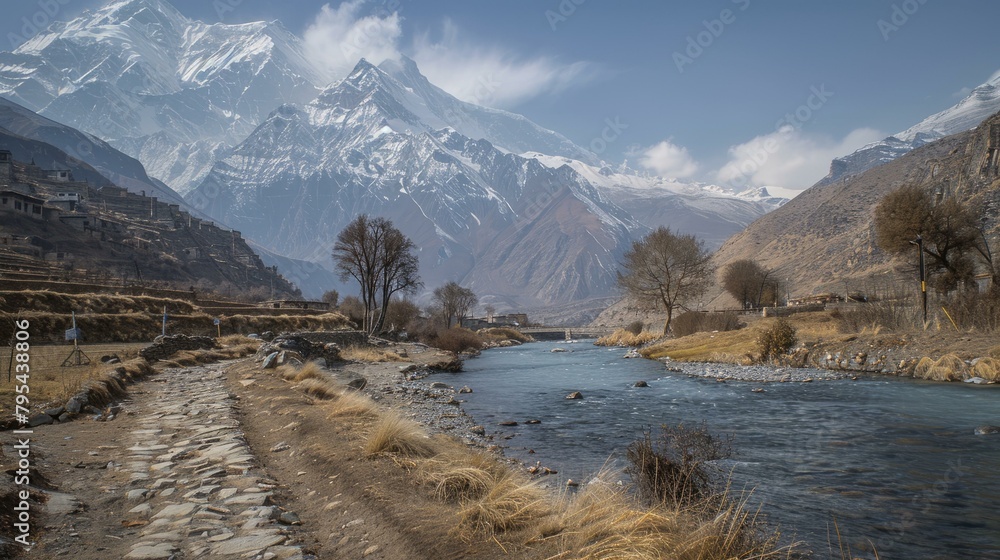 b'Himalayan mountain range and a river flowing through a valley'