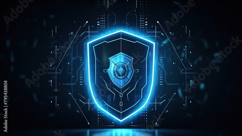 Cyber security technology with shield hologram. Digital protection and privacy policy concept background.