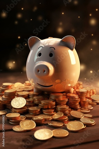 b'3D rendering of a piggy bank sitting on a pile of gold coins with a dark background'