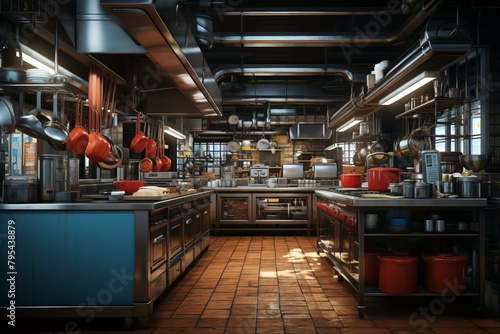 b'An industrial kitchen with stainless steel appliances and red cookware'