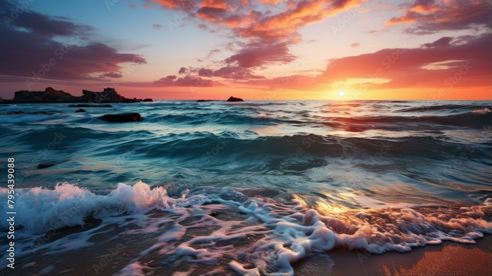 b'Sunset over the ocean with waves crashing on the shore' b'Sunset over the ocean with waves crashing on the shore'