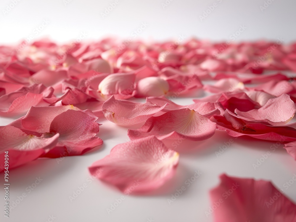 Fototapeta premium Pink rose petals scattered on a white surface in a close up view