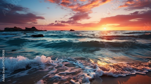 b'Sunset over the ocean with waves crashing on the shore' photo