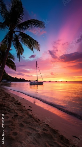 b'Tropical beach sunset with palm trees and sailboat'