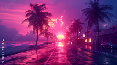 Vaporwave-inspired aesthetics with nostalgic vibes, Beach road with a purple-pink atmosphere