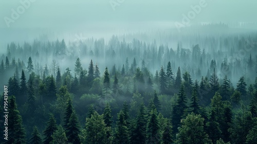 b'Misty forest landscape with pine trees and fog' photo