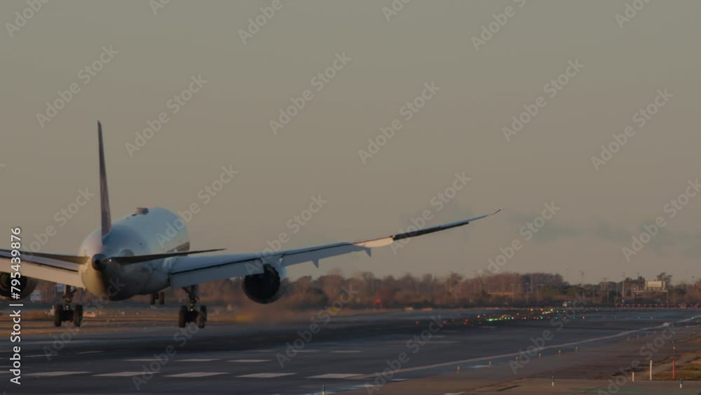 Airplane captured in slow motion, rear view, with landing gear engaged just above runway surface Airplane captured in slow motion, rear view, with landing gear engaged just above runway surface