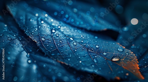 Raindrops on blue leaves photo