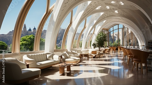 b Modern architecture interior of a luxury hotel with panoramic city view 