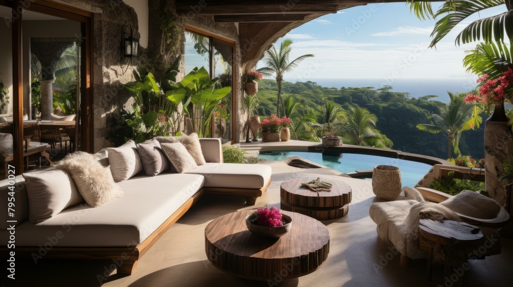 b'Modern Tropical Living Space with Infinity Pool and Ocean View'