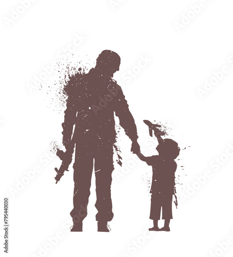 Silhouette of a armed soldier holding little boy`s hand. Vector illustration