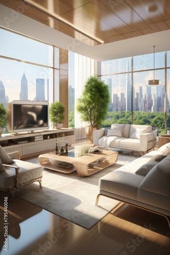 b Modern living room interior design with large windows and city view 