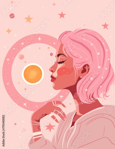 Portrait of young woman with short pink hair  abstract cosmic background  fantasy flat illustration 