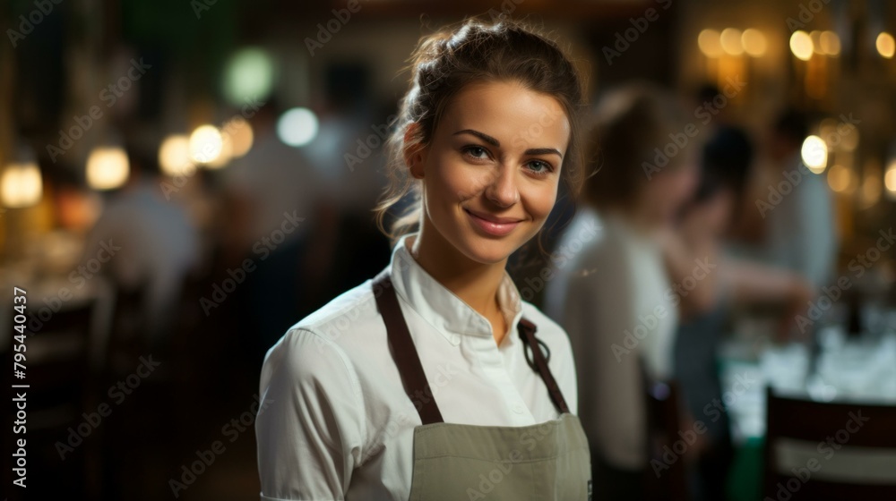 b'Portrait of a smiling young waitress in a restaurant' b'Portrait of a smiling young waitress in a restaurant'