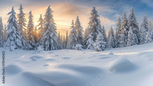 b'A beautiful winter landscape of snow covered pine trees in the mountains' photo