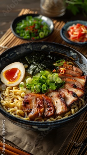 b'A delicious bowl of ramen with pork, egg, and vegetables'