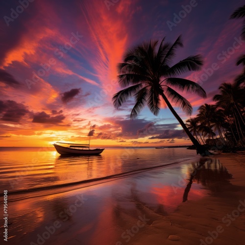 b Tropical Beach Sunset With Palm Trees and Boat 