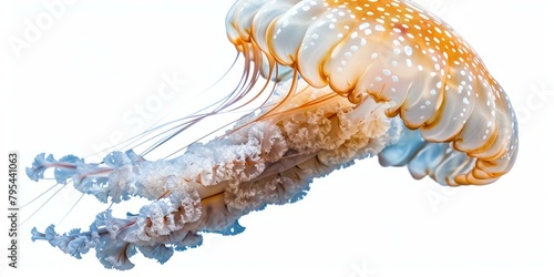 b'A beautiful orange jellyfish with white spots'