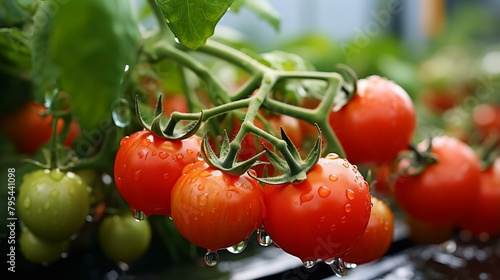 b'Close-up of ripe and unripe tomatoes on the vine with water drops'