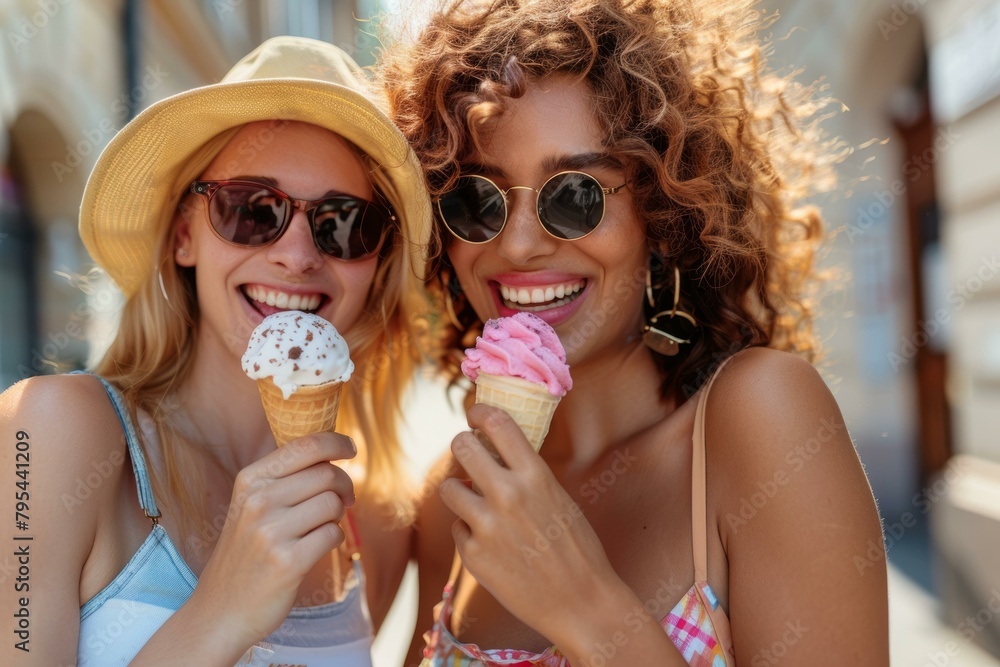 Two young women eating ice cream outdoors Two young women eating ice cream outdoors