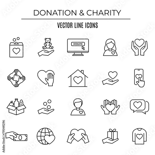 Donation and charity outline icon set. Editable stroke.