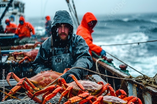 A fisherman holds a crab on a boat in the Bering Sea. photo