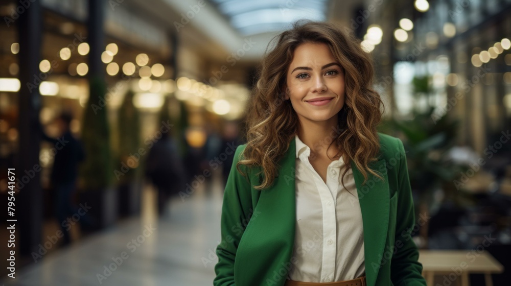b'Portrait of a young woman in a green blazer' b'Portrait of a young woman in a green blazer'