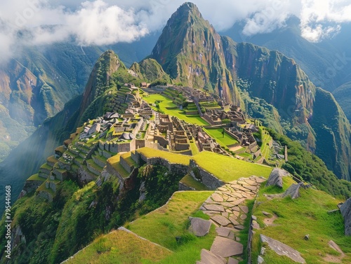 The ancient city of Machu Picchu, located in the Andes Mountains ,  photo