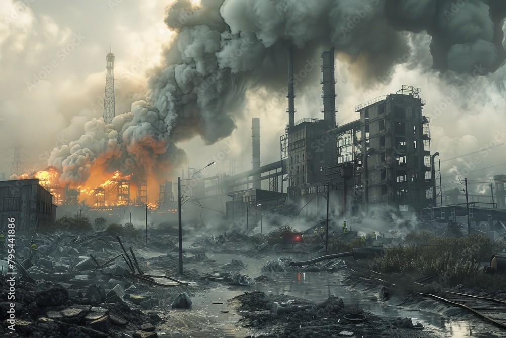 The factory is on fire and the city is in ruins.