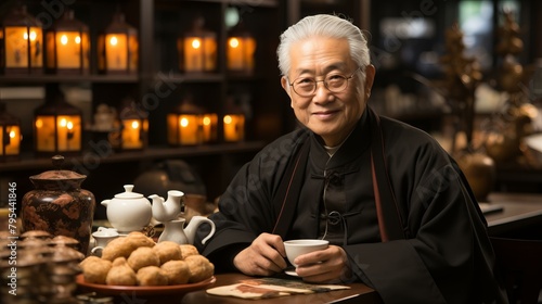 b'Portrait of a smiling elderly Asian man in traditional clothing holding a teacup.'