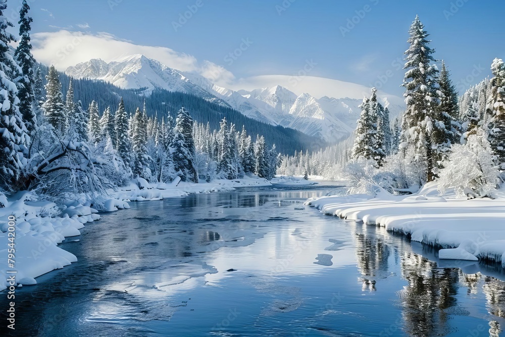 tranquil winter wonderland scenic river landscape with snowy woods and mountain backdrop nature photography