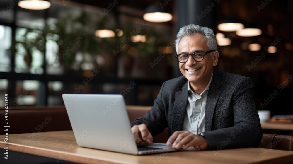Smiling senior Indian business executive sitting at desk using laptop. Smiling senior Indian business executive sitting at desk using laptop.