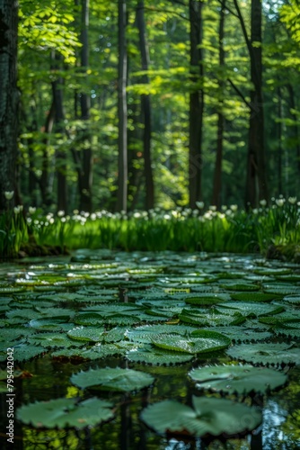 b Close-up of lily pads in a pond with a forest in the background 
