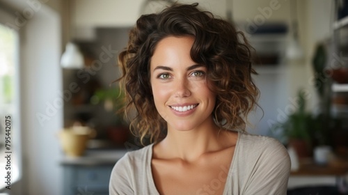 b'Portrait of a smiling young woman with curly brown hair and green eyes'