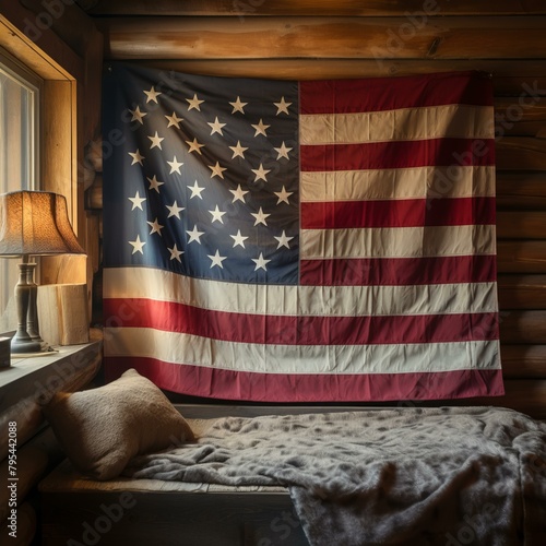 b'Rustic Cabin with American Flag' photo