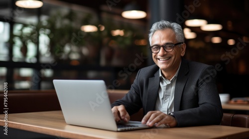Smiling senior Indian business executive sitting at desk using laptop.
