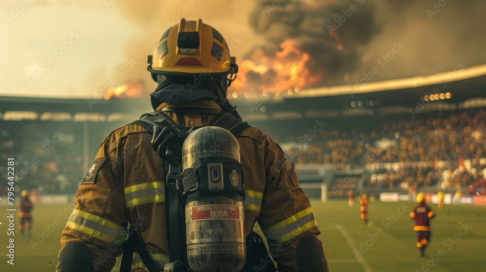 Photo of a firefighter from behind with a burning stadium in the background. Photo of a firefighter from behind with a burning stadium in the background.