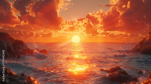 The setting sun casts a golden glow on the ocean. © Pornarun